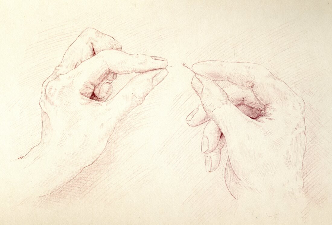 Charcoal drawing of hands threading a needle (McLain 2013)