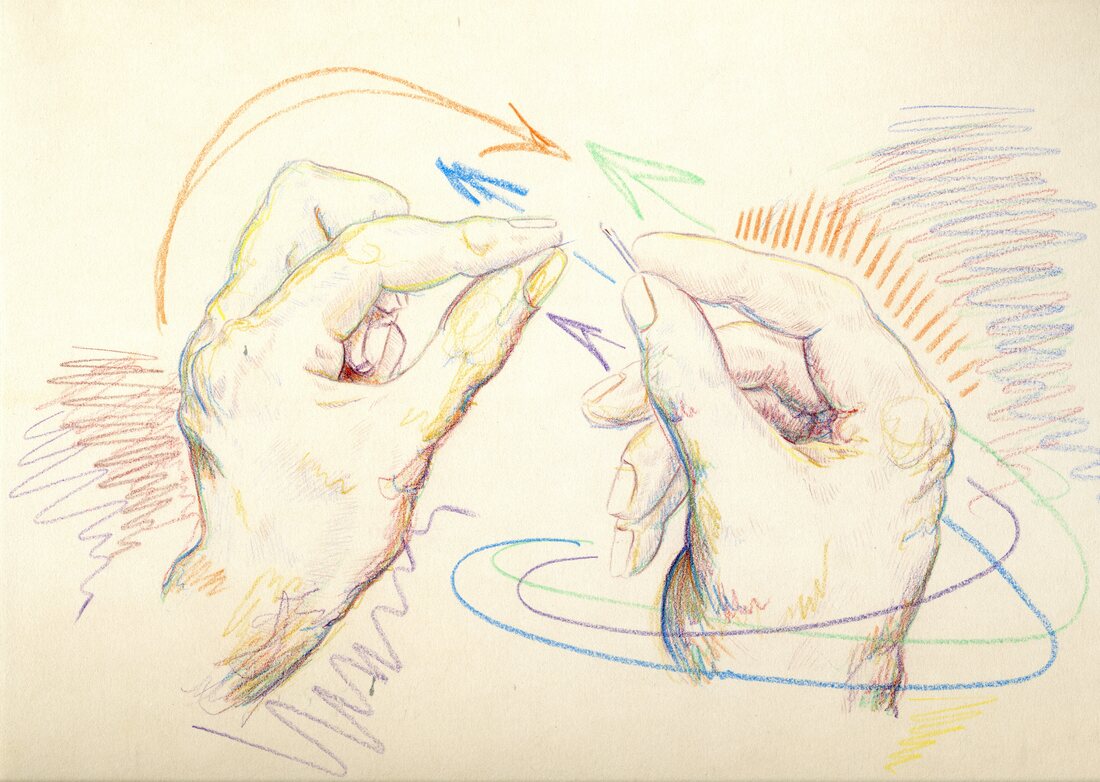 Colored pencil drawing of hands threading a needle (McLain 2013)