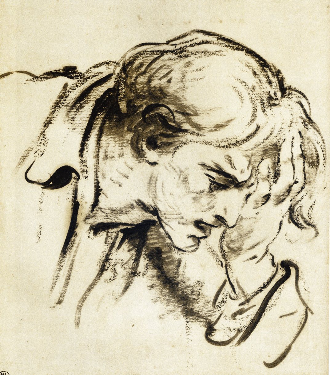 Old Master drawing of head and neck of a man in anguish or pain.