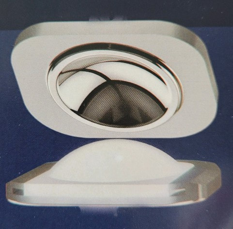 Picture of the highly polished metal dome that rotates on the high molecular weight polyethylene dome, creating a very low-friction interface.