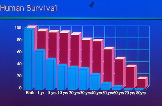 Graph depicting the percentage of people that survive birth living to a given age.